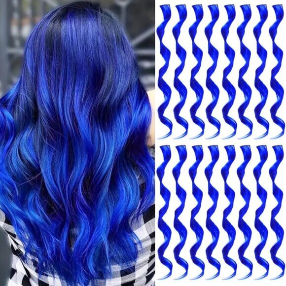 16PCS Curly Wavy Blue Colour Streaks Synthetic Hairpiece Clip-in Hair Extensions